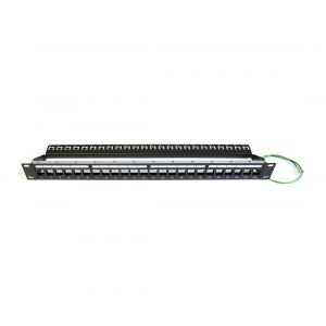 Modular patch panel for STP jacks, 24 port, with cable support bar, 1RU